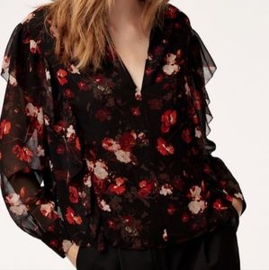 Aritzia Wilfred Lilas Black Floral Ruffle Long Sleeve Blouse Size XS NEW NWT